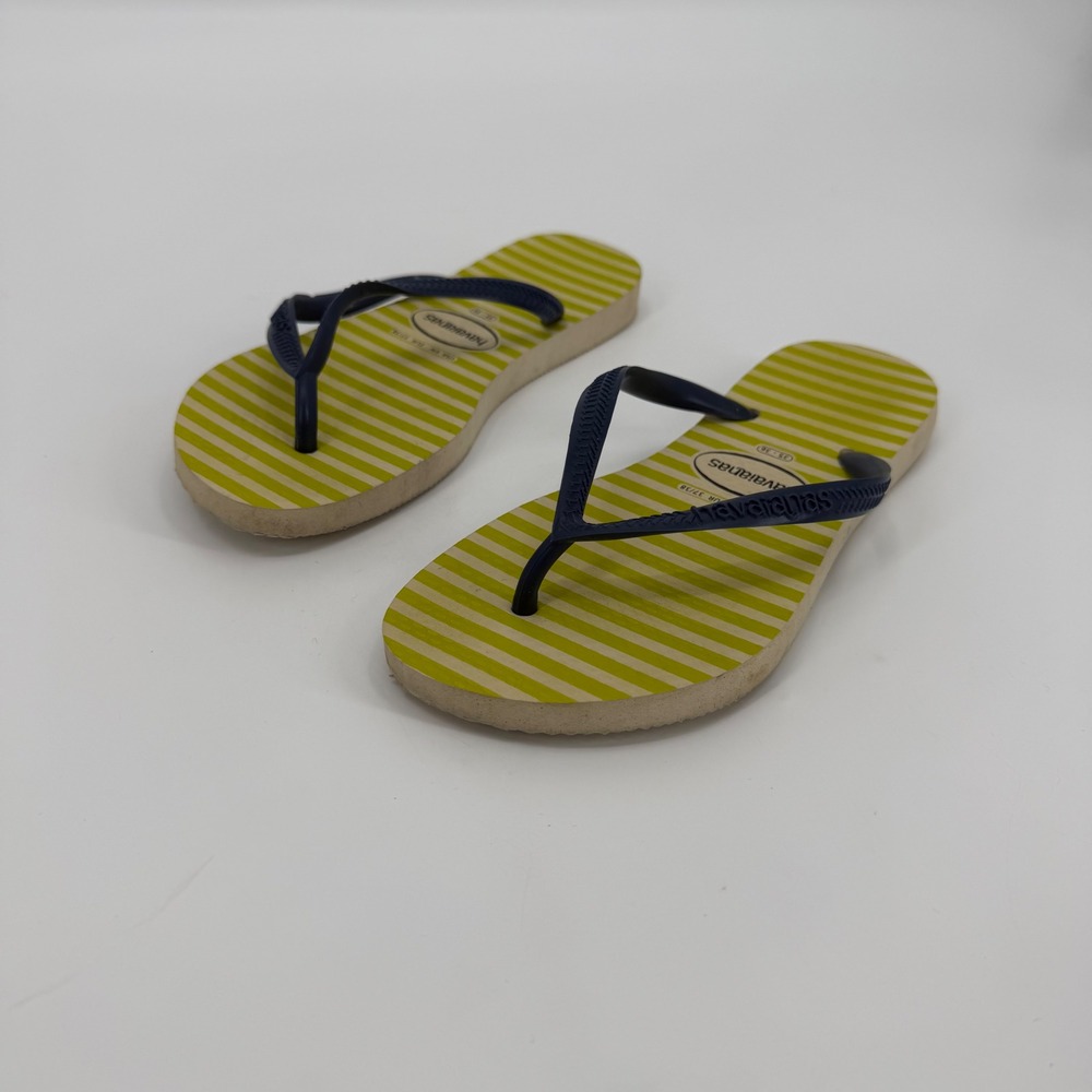 Havaianas Slim Striped Flip Flops Navy Blue Yellow Womens Size 6W 37/38